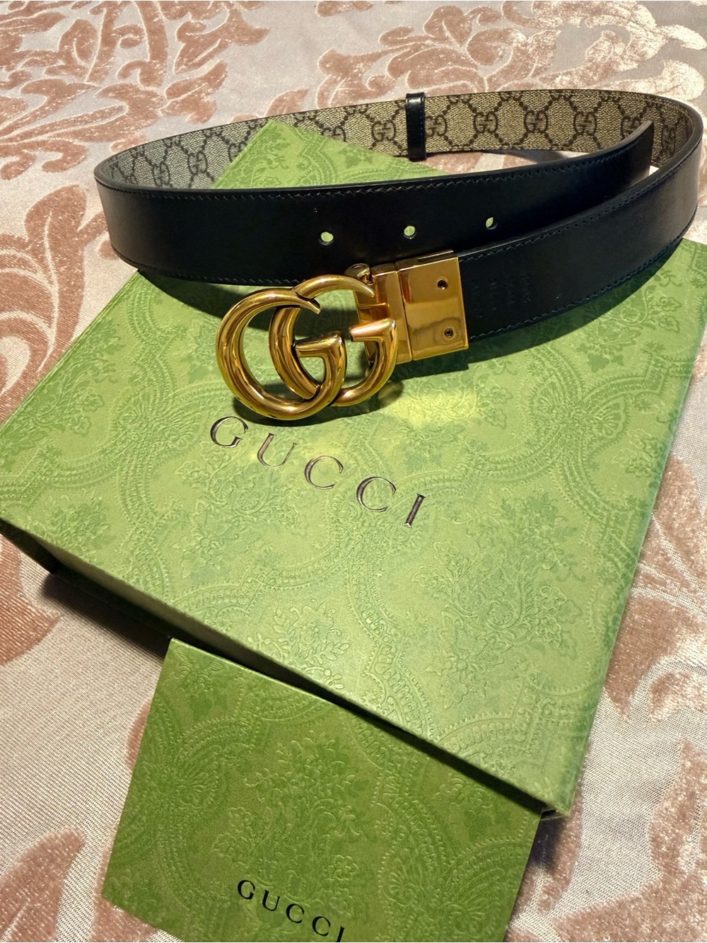 Gucci GG Monogram Reversible Belt with Gold Double G Buckle - Beige/Black - Picture 4 of 7
